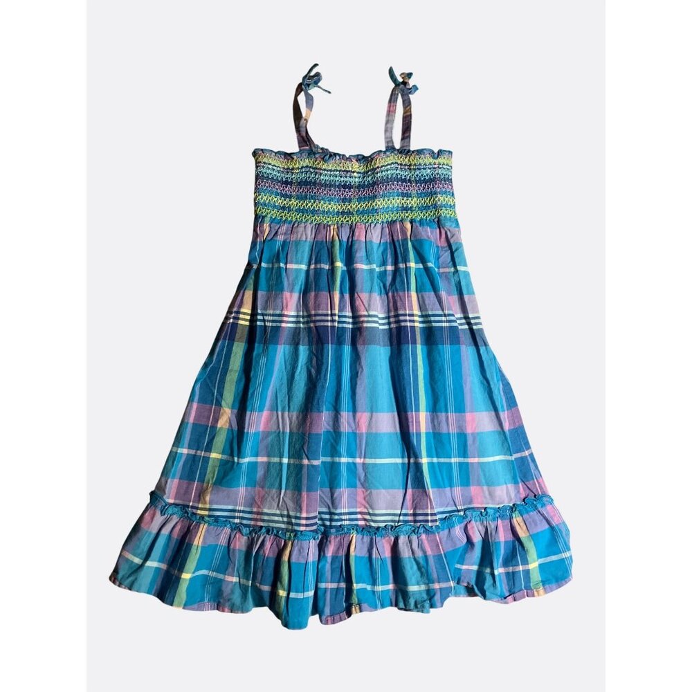 Plaid Smocked Sundress BlueTeal Multicolor Cotton Shirred Bodice Ruffle Hem sz 5